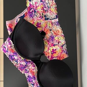 Victoria's Secret Black and Floral Lace Bra Set